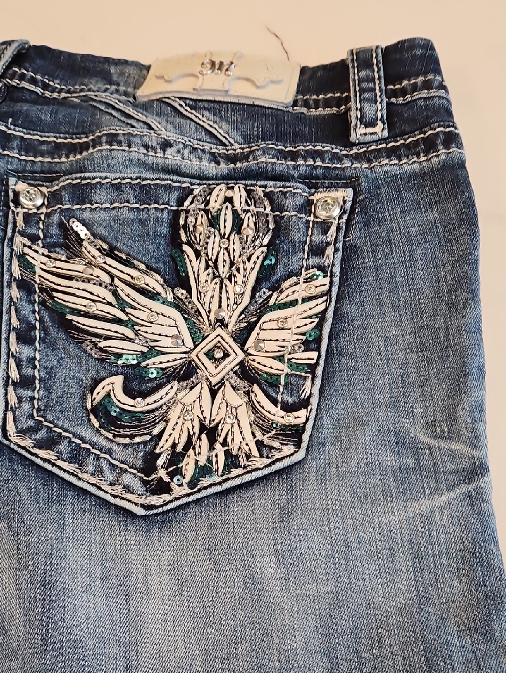 Miss Me Blue Skinny Jeans with Embroidered Sequin Pocket
